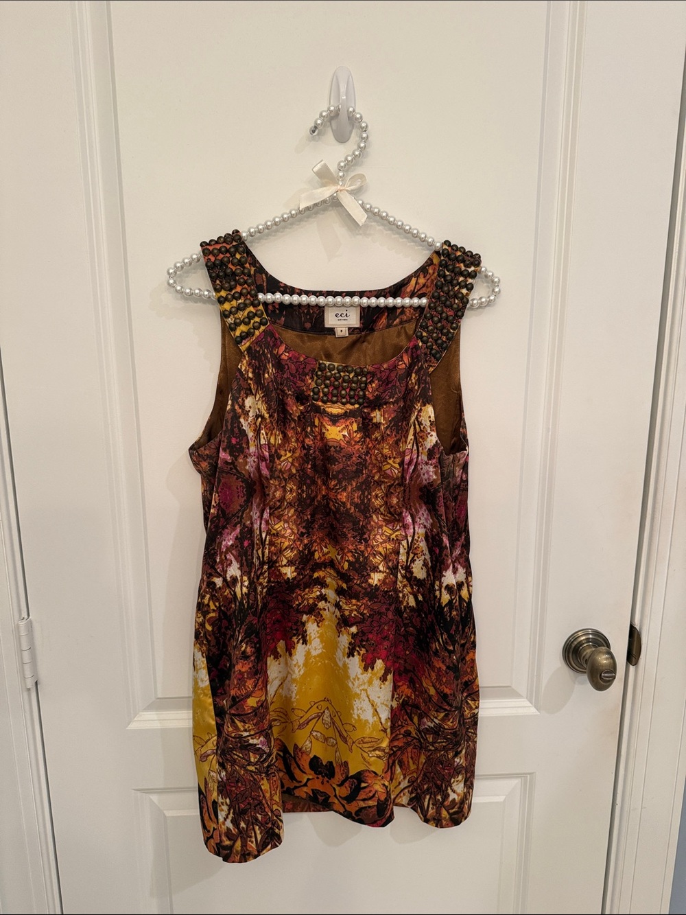 ECI Beaded-Neckline Floral Mini Dress in Mustard, Burgundy & Brown